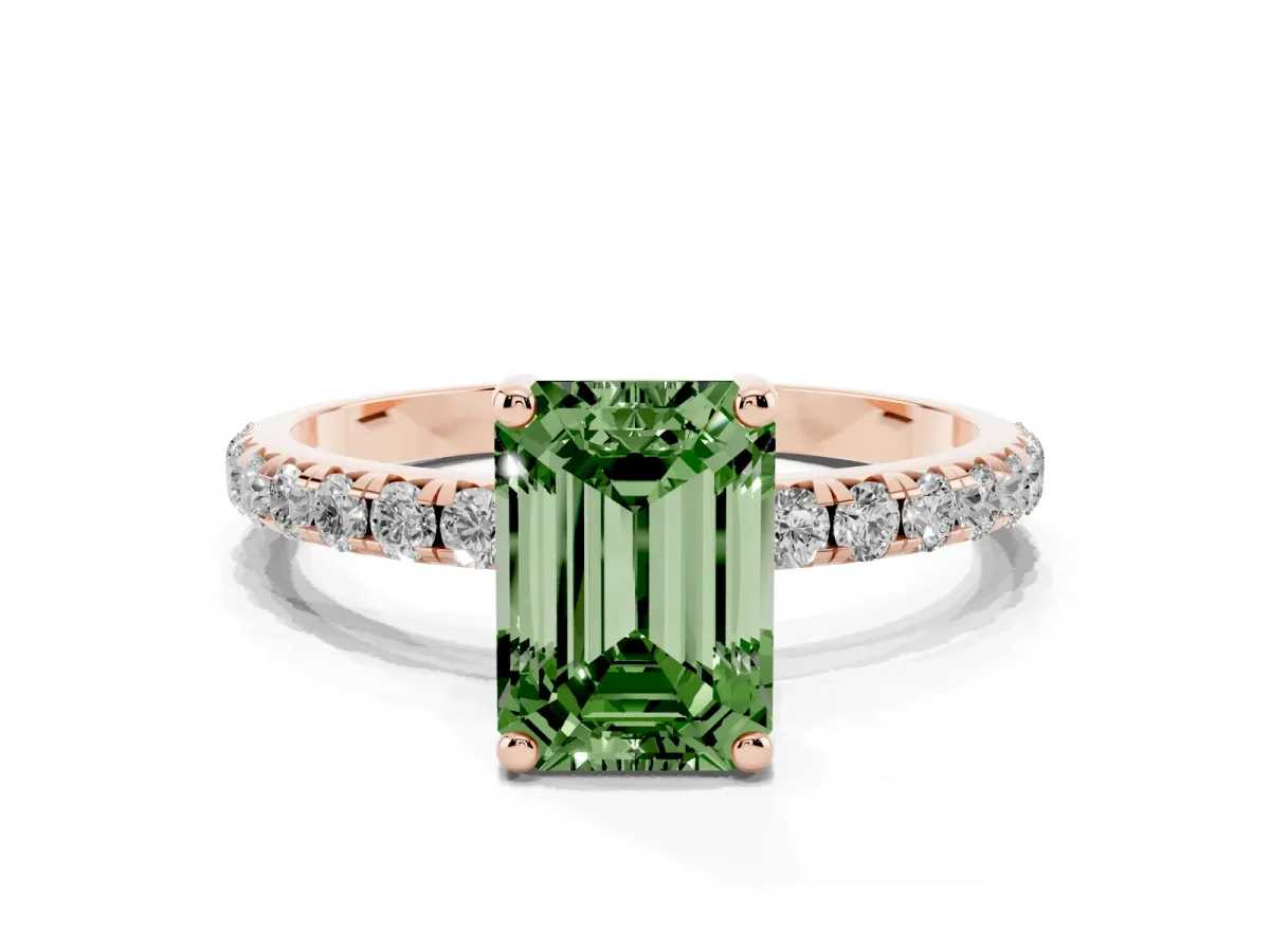 Fancy Green Emerald Cut Cut Diamond Solitaire Ring with Micro Pave Band and Four Prong Setting Rose gold
