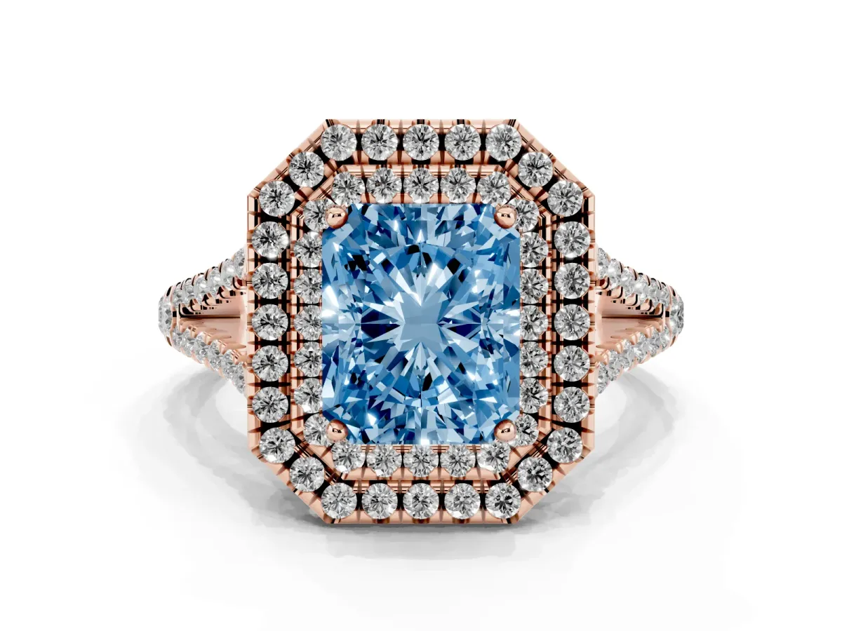 Fancy Blue Radiant Cut Diamond Double Halo Ring with Pavé Band and Prong Setting Rose gold