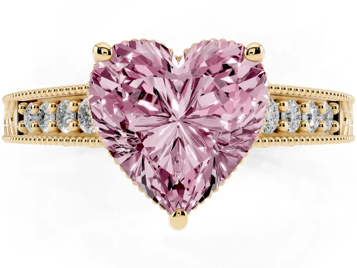 Fancy Pink Heart Cut Solitaire Pavé Diamond Milgrain Engagement Ring with Four-Prong Setting Yellow gold