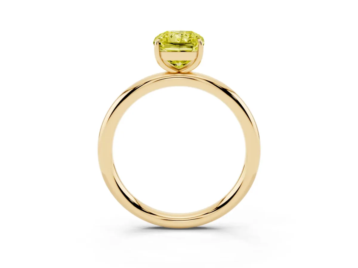 Fancy Yellow Radiant Cut Solitaire Diamond Ring with Four-Prong Setting on a Plain Band Yellow gold
