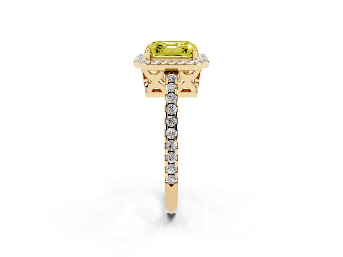 Fancy Yellow Asscher Cut Diamond Halo Engagement Ring with Pavé Band and Prong Setting Yellow gold