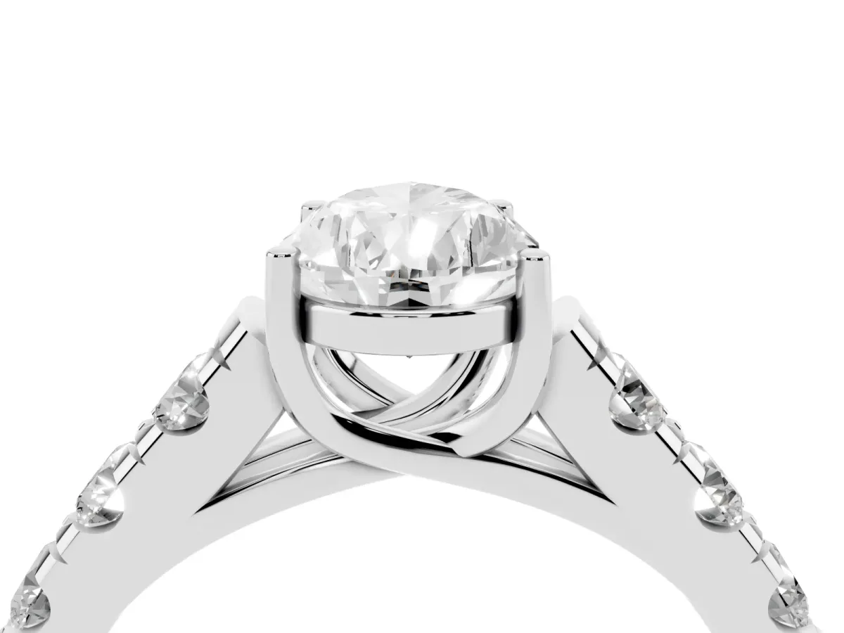Pear Cut Cut Diamond Solitaire Ring with Micro Pave Band and Prong Setting Platinum