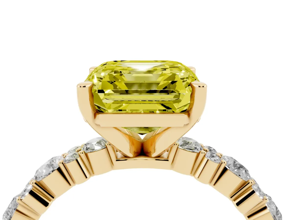 Fancy Yellow Asscher Cut Diamond Side Stone Solitaire Ring with Round and Four-Prong Setting Yellow gold