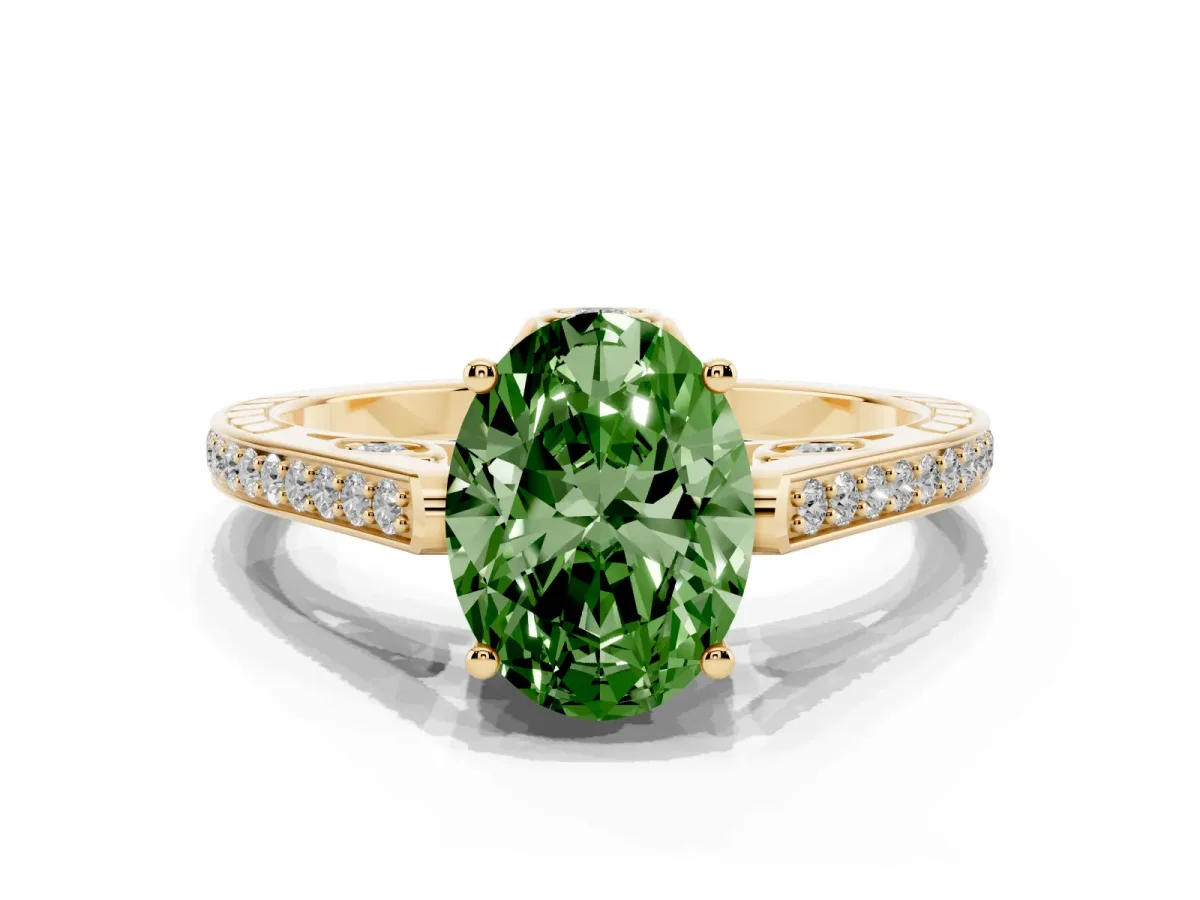 Fancy Green Oval Cut Cut Cathedral Pave Diamond Engagement Ring with Six-Prong Setting Yellow gold