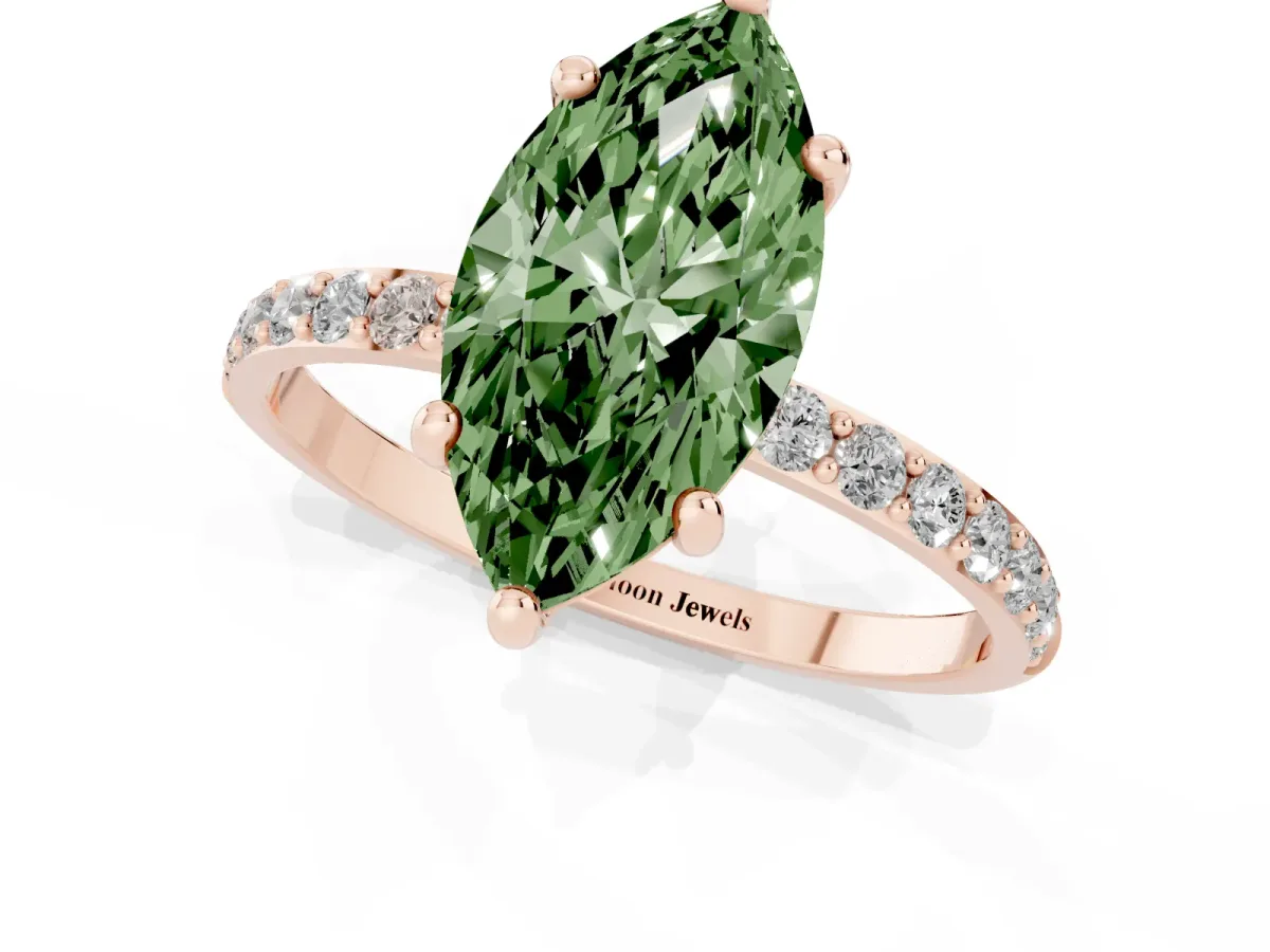 Fancy Green Marquise Cut Diamond Solitaire Ring with Round Pavé Band and Prong Setting Rose gold