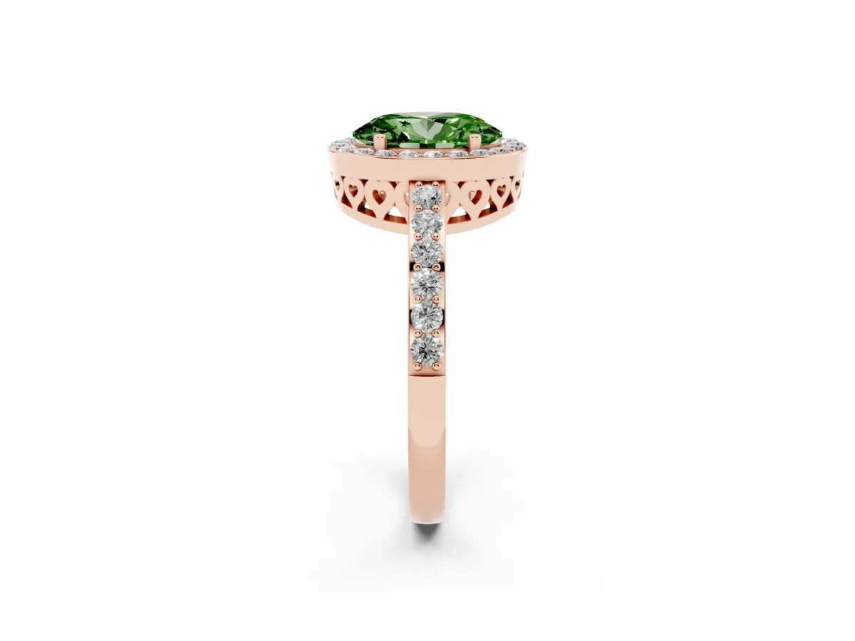 Fancy Green Oval Cut Halo Diamond Pavé Band Ring with Prong Setting Rose gold
