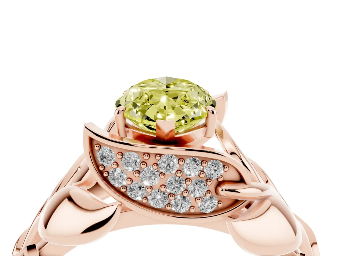 Fancy Yellow Marquise Cut Diamond Leaf-Inspired Engagement Ring with Round Accents and Prong Setting Rose gold