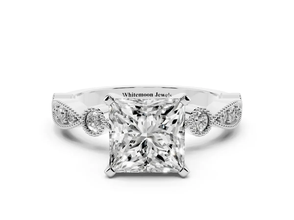 Princess Cut Milgrain Bezel Diamond Engagement Ring with Solitaire Prong Setting Silver