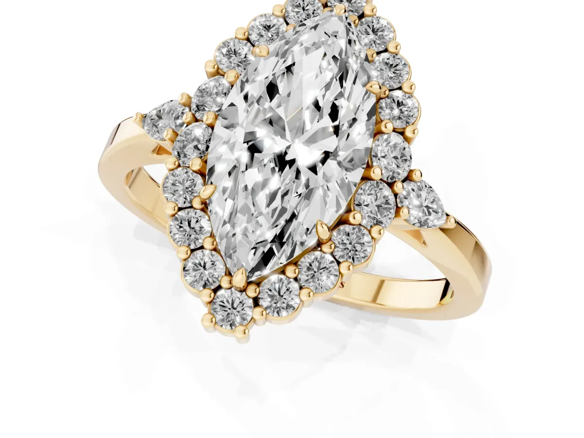 Marquise Cut Diamond Halo Ring with Pear Side Stones and Prong Setting Yellow gold