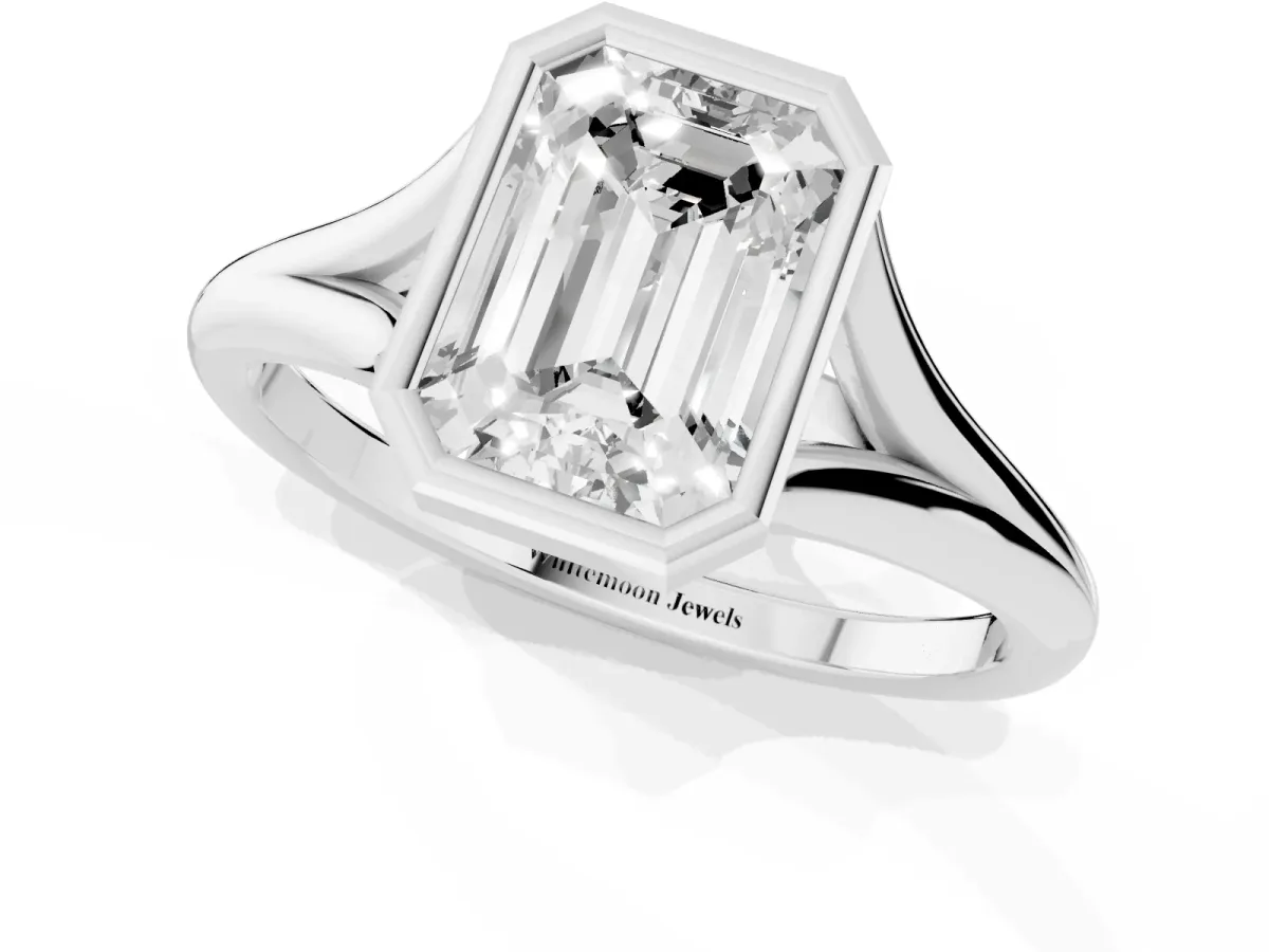 Bezel Set Emerald Cut Cut Solitaire Ring with Tapered Band Silver
