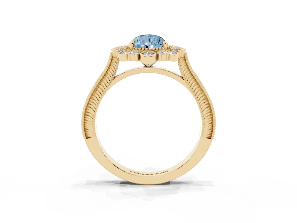 Fancy Blue Pear Cut Halo Milgrain Pave Diamond Ring with Four-Prong Setting Yellow gold