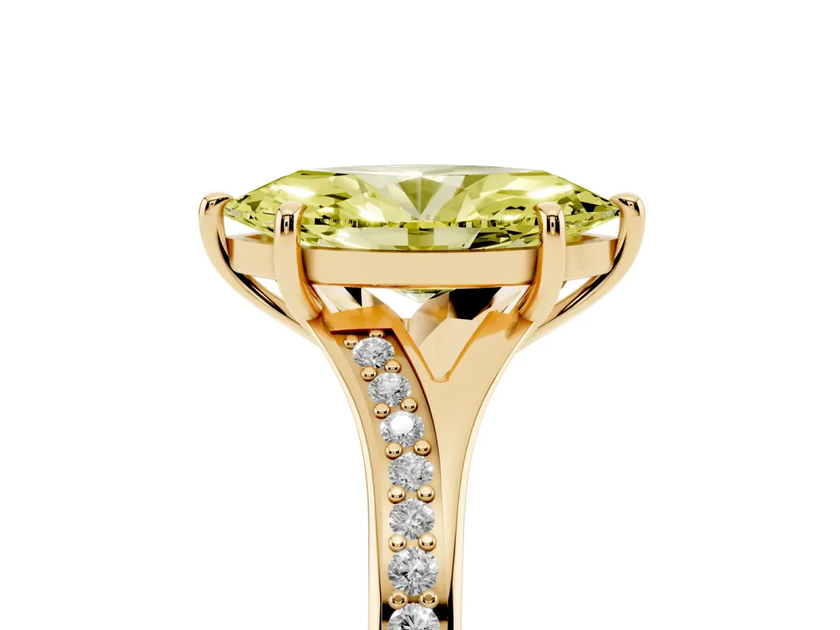 Fancy Yellow Marquise Cut Diamond Solitaire Ring with Pavé Band and Prong Setting Yellow gold