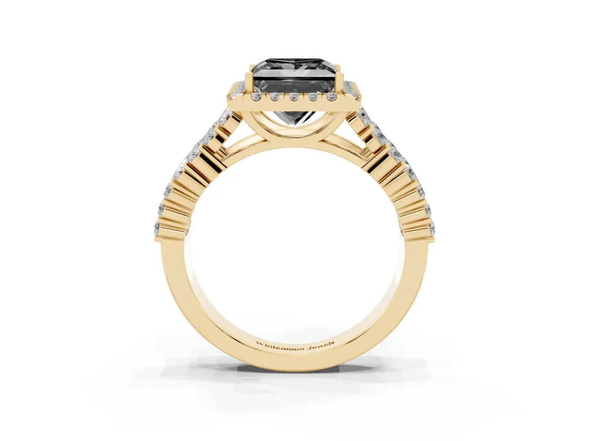 Fancy Black Princess Cut Diamond Halo Engagement Ring with Triple Row Round Pavé Band and Prong Setting Yellow gold