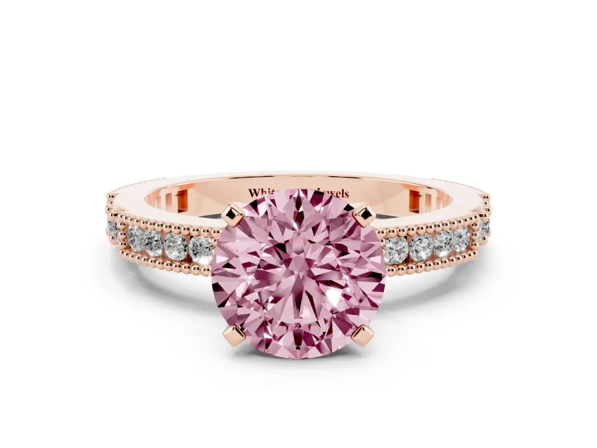 Fancy Pink Round Cut Solitaire with Pavé Band and Four-Prong Setting Rose gold