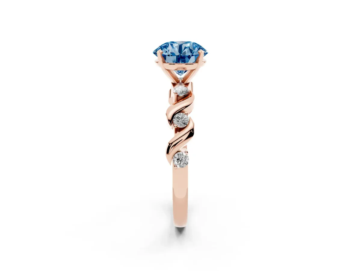 Fancy Blue Round Cut Diamond Solitaire Twisted Band with Round Accents and Prong Setting Rose gold