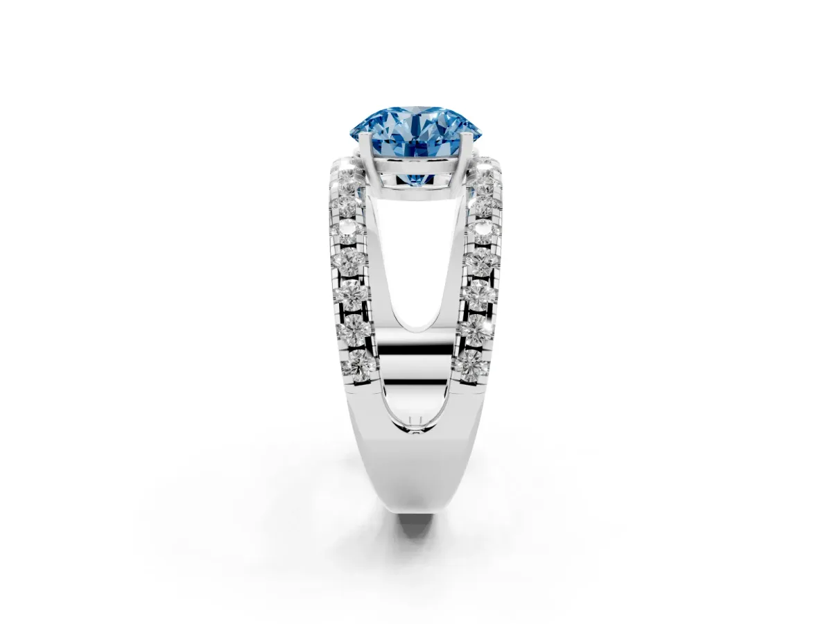 Fancy Blue Round Cut Solitaire Split Shank Pave Diamond Ring Platinum