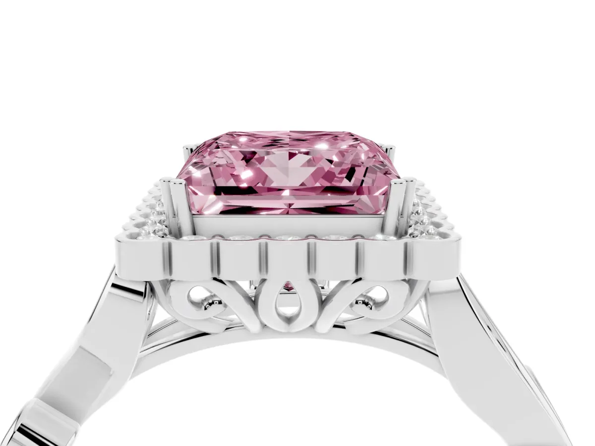 Fancy Pink Princess Cut Diamond Halo Ring with Vintage Split Shank and Four-Prong Setting Silver