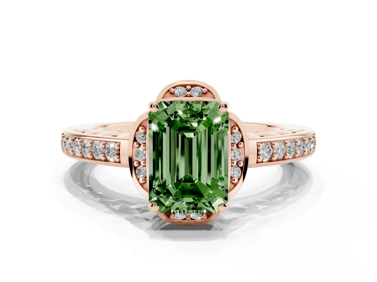 Fancy Green Emerald Cut Cut Halo Diamond Ring with Channel Set Band and Four-Prong Setting Rose gold