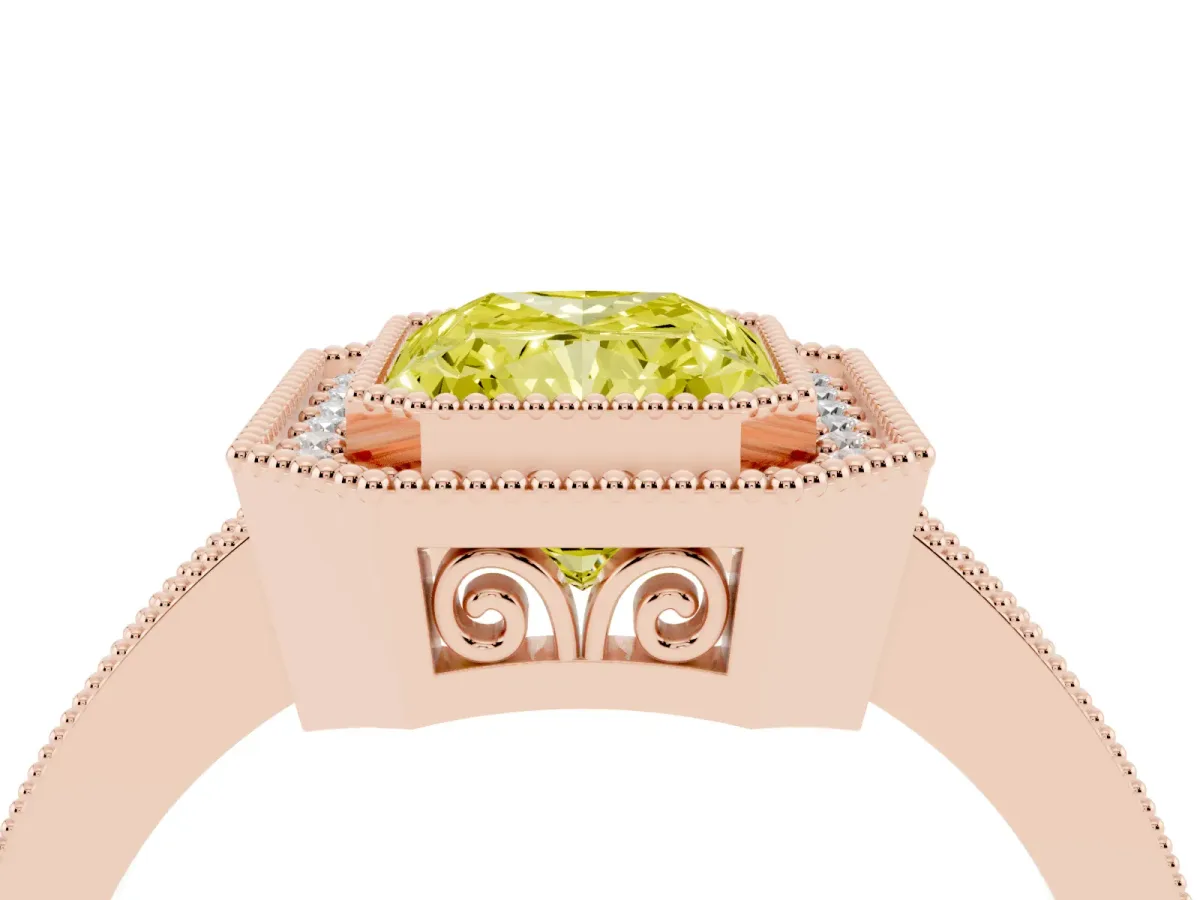 Fancy Yellow Radiant Cut Cut Halo Diamond Ring with Pavé Band and Milgrain Prong Setting Rose gold