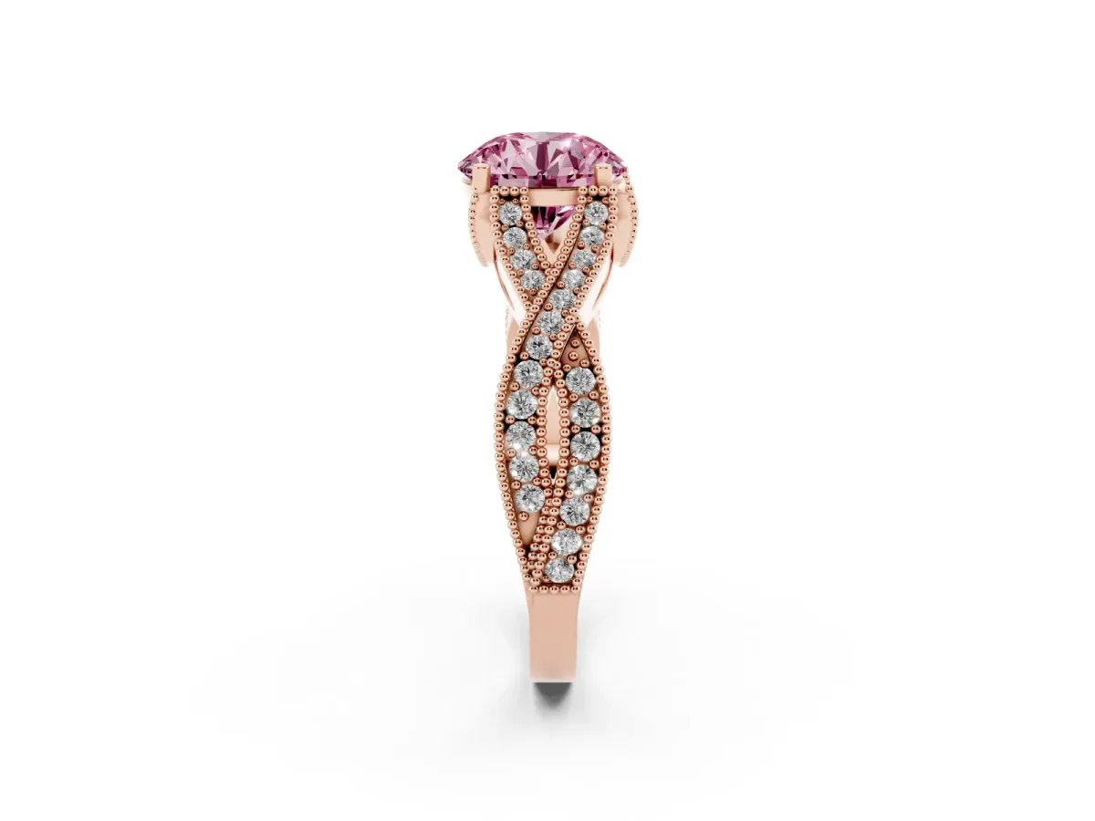 Fancy Pink Round Cut Cut Diamond Twisted Band with Milgrain Pave Setting and Four-Prong Setting Rose gold