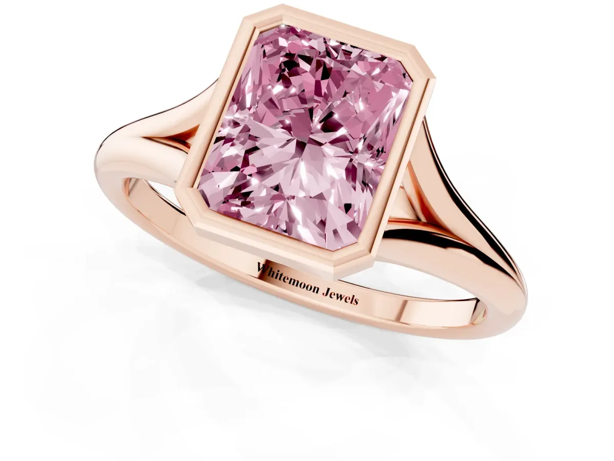 Fancy Pink Bezel Set Radiant Cut Cut Solitaire Ring with Tapered Band Rose gold