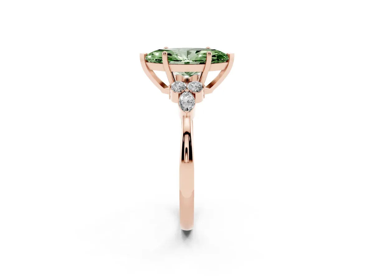 Fancy Green Marquise Cut Brilliant Diamond Solitaire Ring with Pear Side Stones and Four-Prong Setting Rose gold