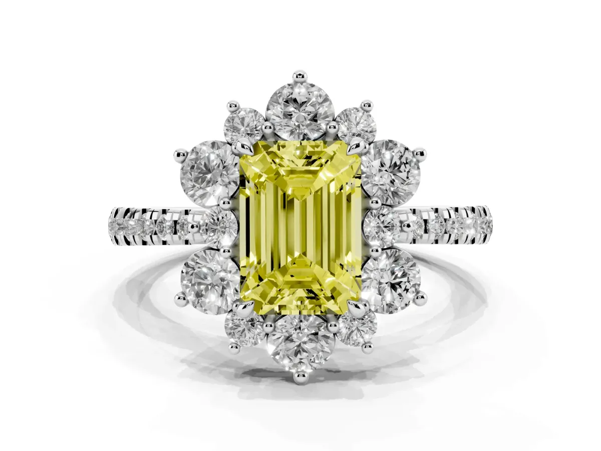 Fancy Yellow Emerald Cut Diamond Floral Halo Ring with Round Pavé Band and Prong Setting Silver