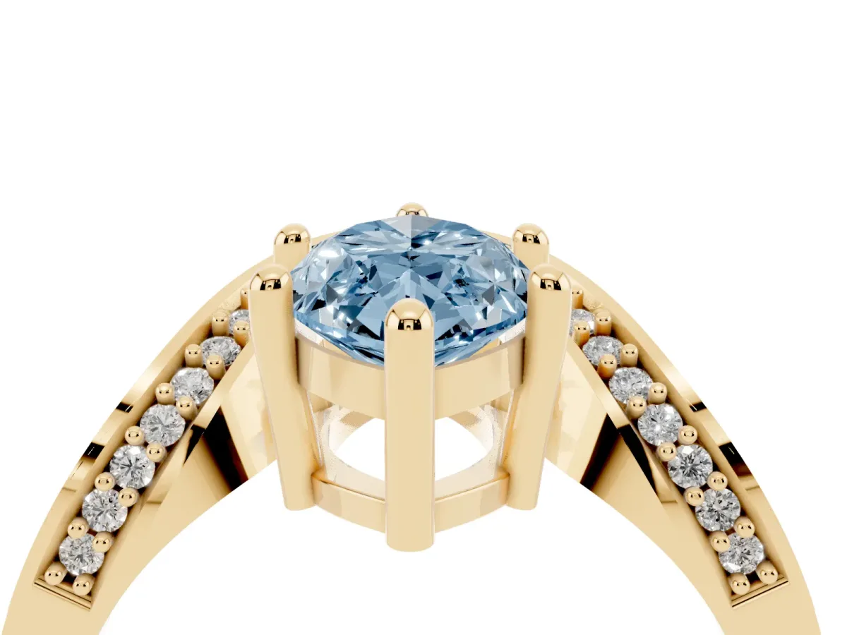 Fancy Blue Marquise Cut Solitaire Diamond Engagement Ring with Pave Band and Four-Prong Setting Yellow gold
