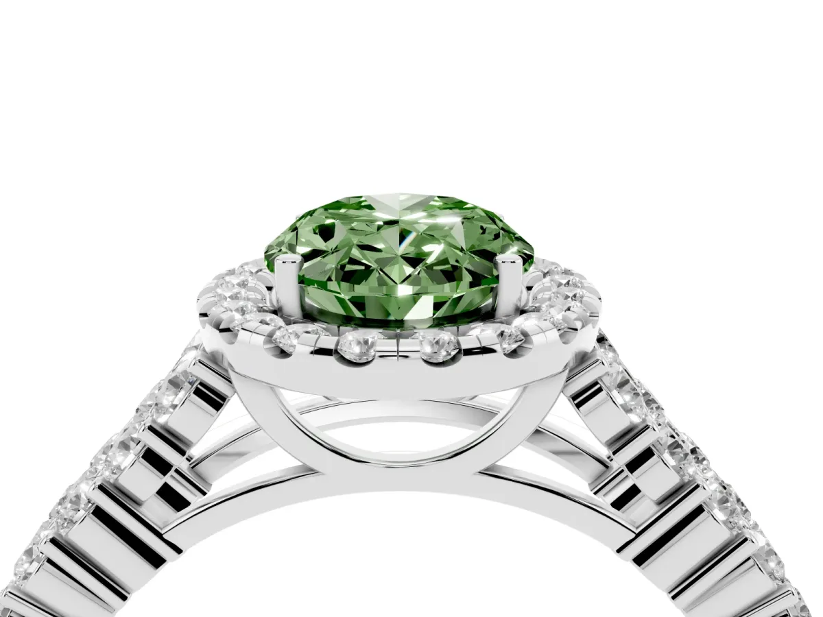 Fancy Green Oval Cut Diamond Halo Engagement Ring with Triple Row Round Pavé Band and Prong Setting Platinum