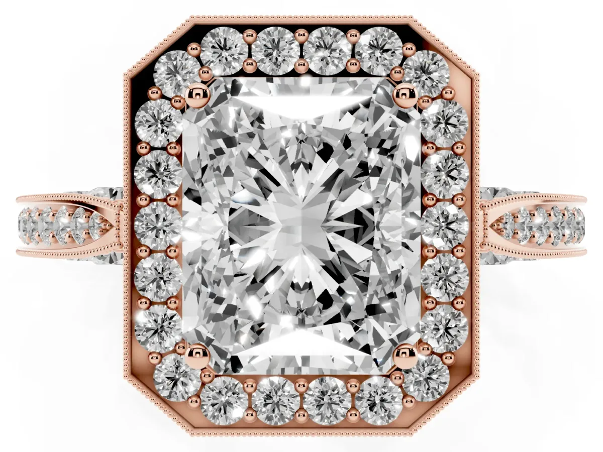 Radiant Cut Halo Diamond Engagement Ring with Split Shank Band and Four-Prong Setting Rose gold