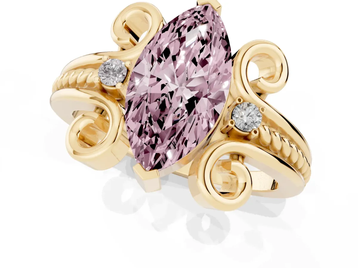 Fancy Pink Marquise Cut Solitaire Twisted Band Scroll Prong Ring Yellow gold