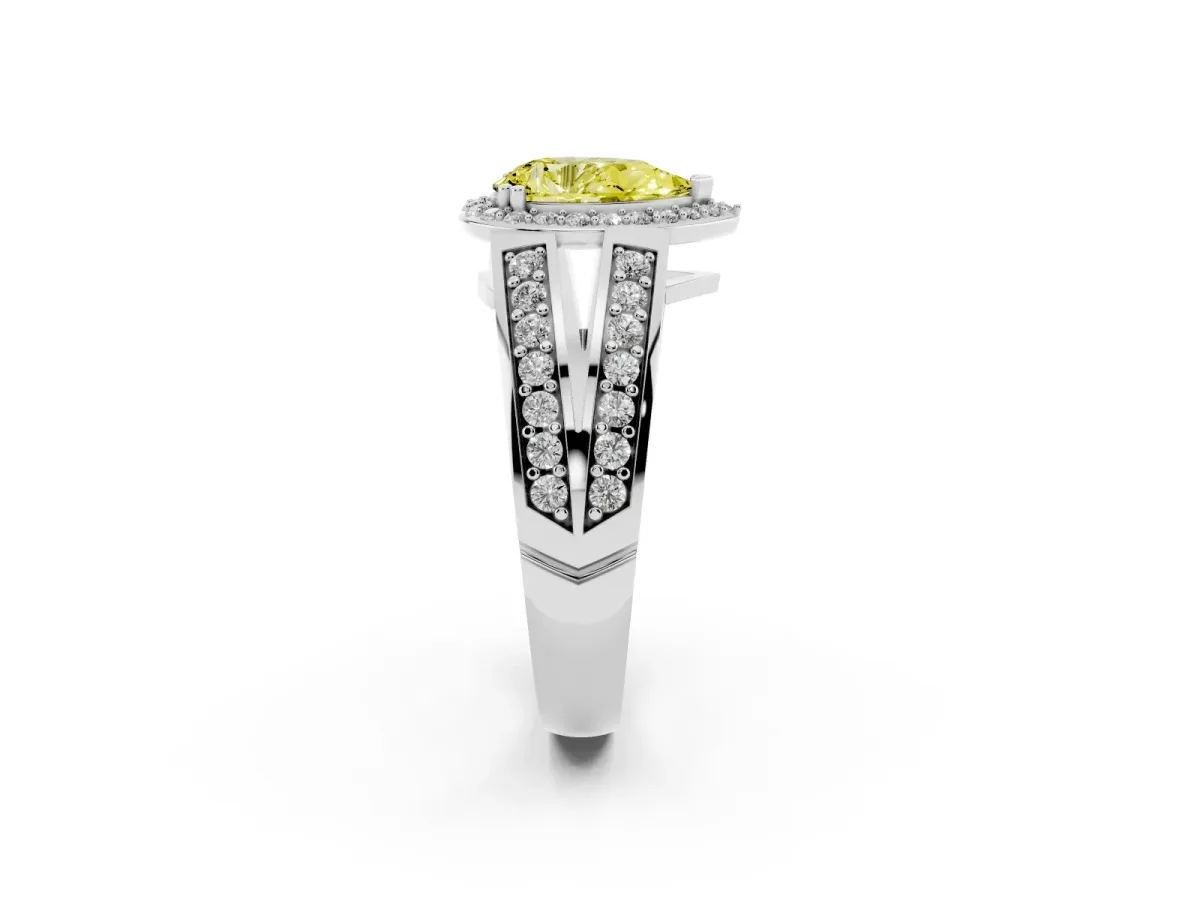 Fancy Yellow Pear Cut Diamond Halo Ring with Split Shank Pavé Band and Four-Prong Setting Platinum