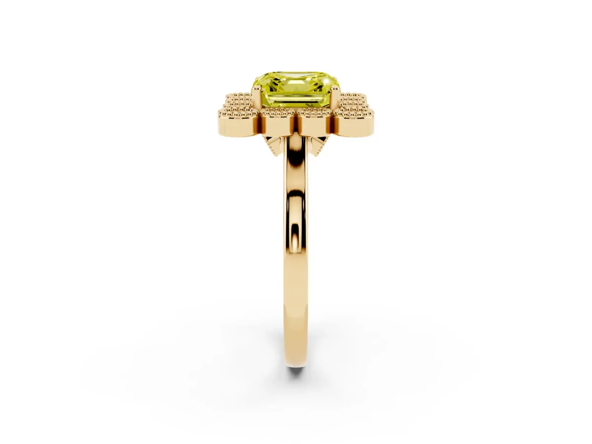 Fancy Yellow Asscher Cut Halo Diamond Cluster Engagement Ring with Milgrain Bezel Setting and Solitaire Band Yellow gold
