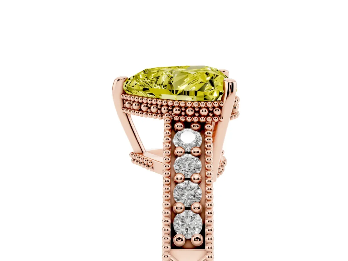 Fancy Yellow Heart Cut Solitaire Pavé Diamond Milgrain Engagement Ring with Four-Prong Setting Rose gold