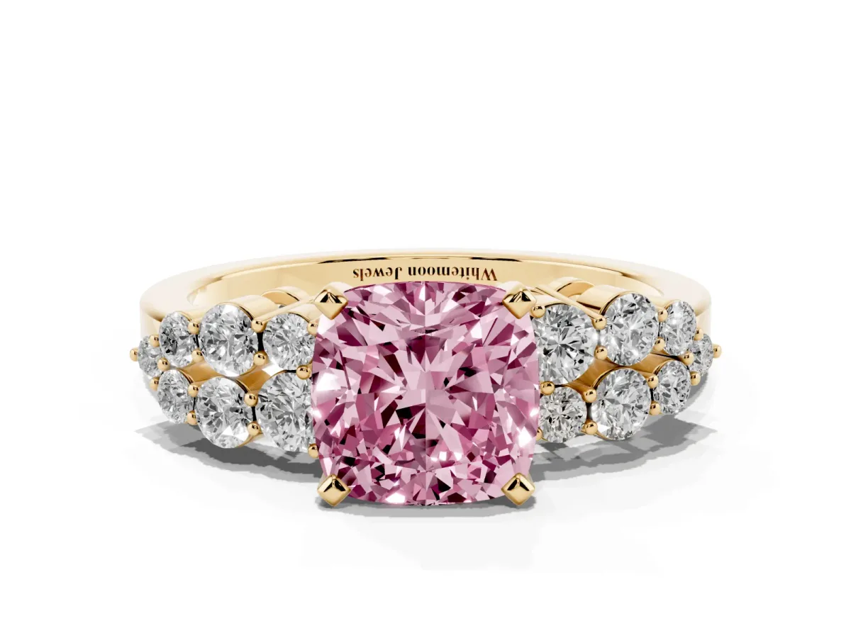 Fancy Pink Cushion Cut Cluster Diamond Engagement Ring with Pavé Band and Four-Prong Setting Yellow gold
