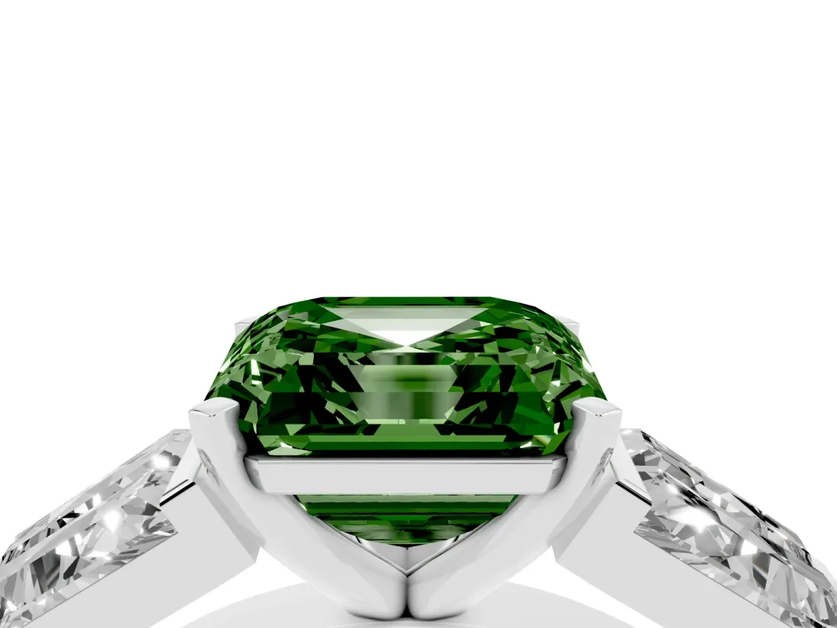 Fancy Green Asscher Cut Diamond Engagement Ring with Baguette Side Stones and Channel Set Band White gold