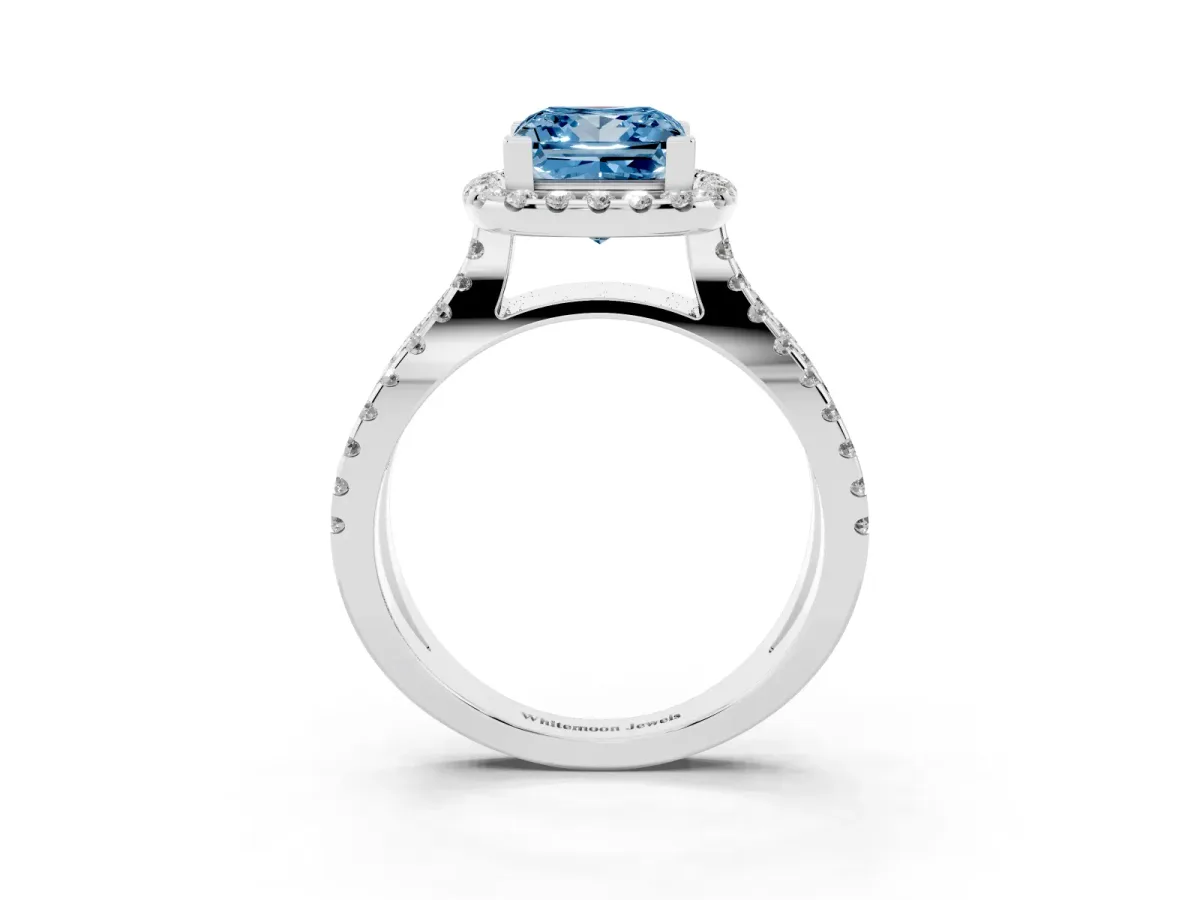 Fancy Blue Princess Cut Diamond Halo Ring with Split Shank Pavé Band and Prong Setting Silver