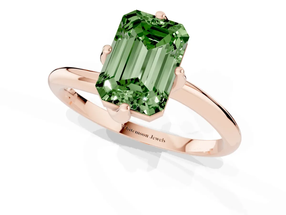 Fancy Green Emerald Cut Diamond Solitaire Engagement Ring with Four-Prong Setting and Classic Band Rose gold
