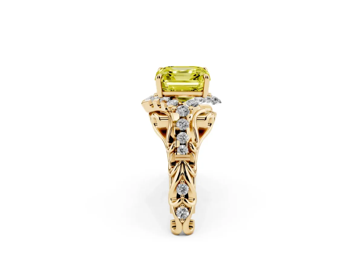 Fancy Yellow Asscher Cut Diamond Solitaire Ring with Hidden Halo and Pavé Band Yellow gold