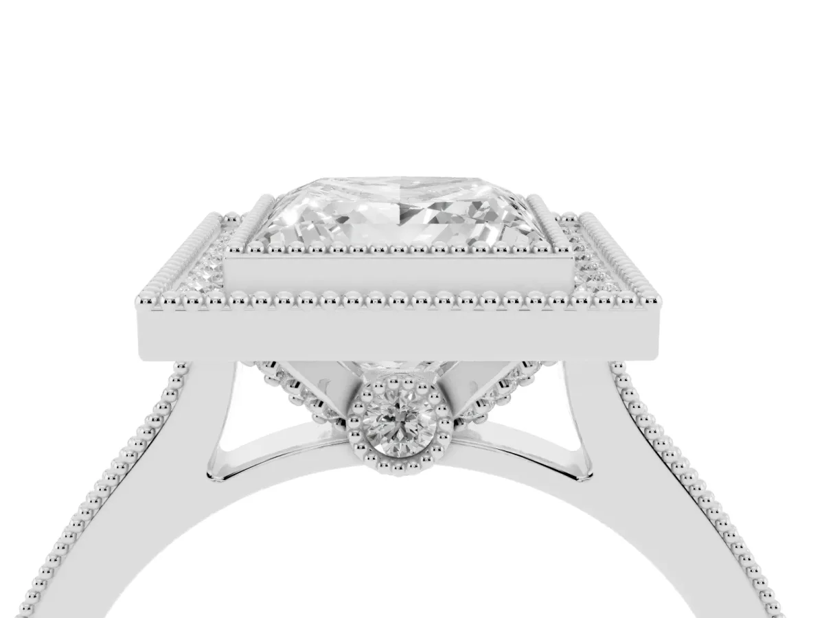 Halo Princess Cut-Cut Diamond Pave Band Milgrain Prong Setting Ring Silver