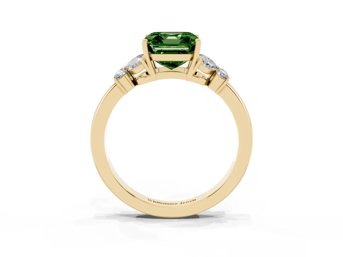 Fancy Green Asscher Cut Cut Solitaire Floral Diamond Ring with Four-Prong Setting Yellow gold