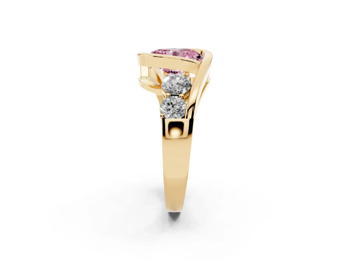 Fancy Pink Bezel Set Oval Cut Diamond Bypass Ring with Round Accents Yellow gold