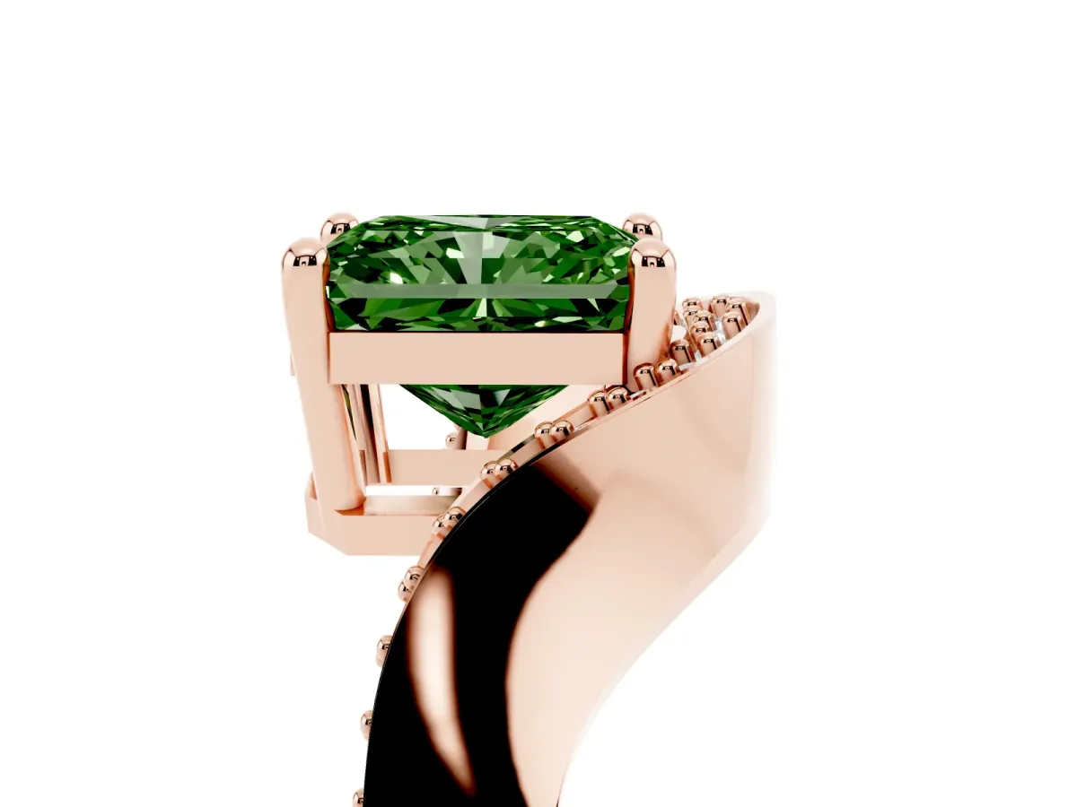 Fancy Green Radiant Cut Solitaire Diamond Engagement Ring with Pave Band and Four-Prong Setting Rose gold