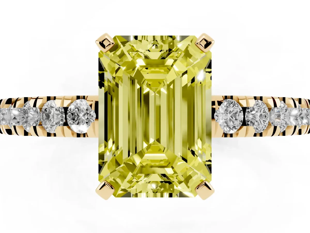 Fancy Yellow Emerald Cut Solitaire Diamond with Pavé Band and Four-Prong Setting Yellow gold
