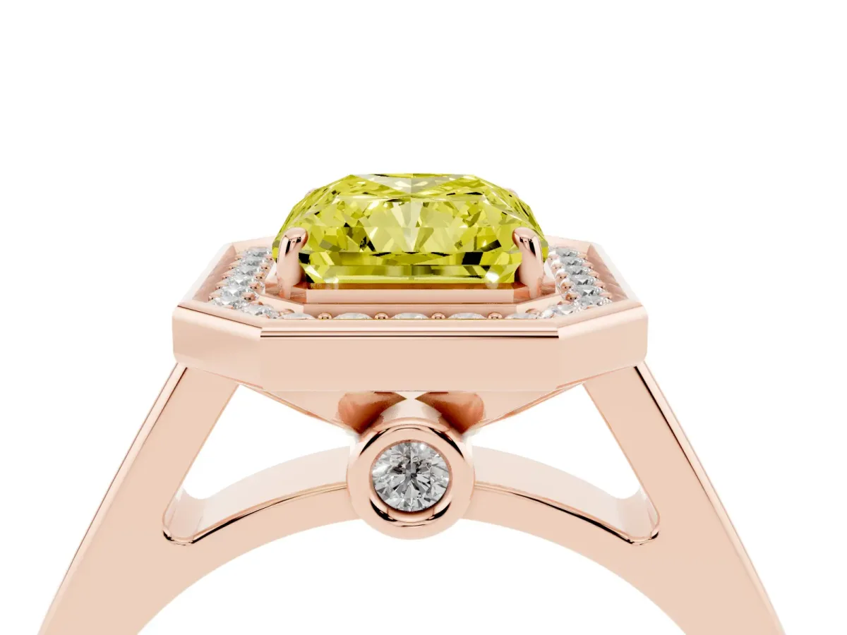Fancy Yellow Radiant Cut Halo Solitaire Diamond Ring with Pave Band and Bezel Setting Rose gold