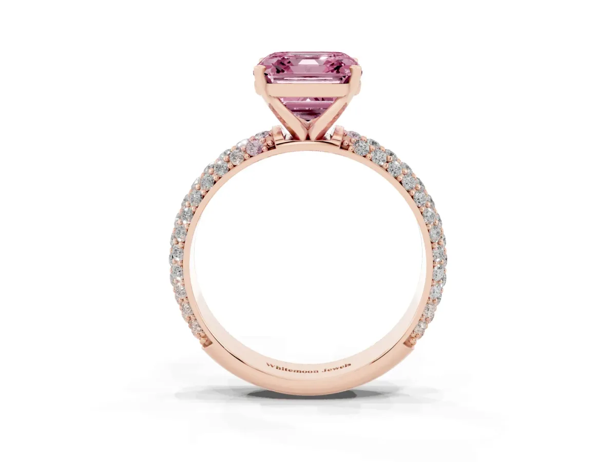 Fancy Pink Asscher Cut Diamond Solitaire Ring with Prong Setting and Pavé Band Rose gold