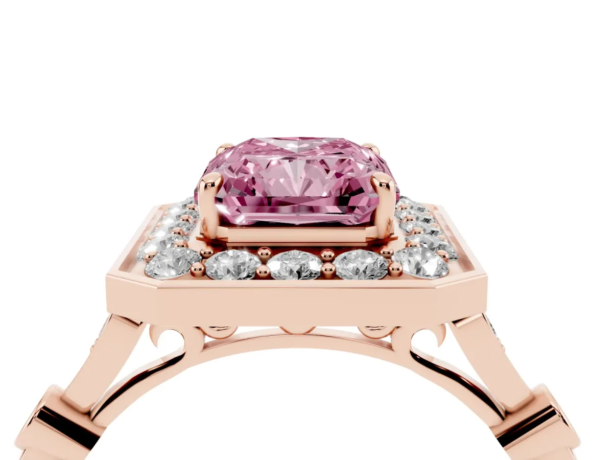 Fancy Pink Radiant Cut Halo Diamond Engagement Ring with Twisted Band and Four-Prong Setting Rose gold