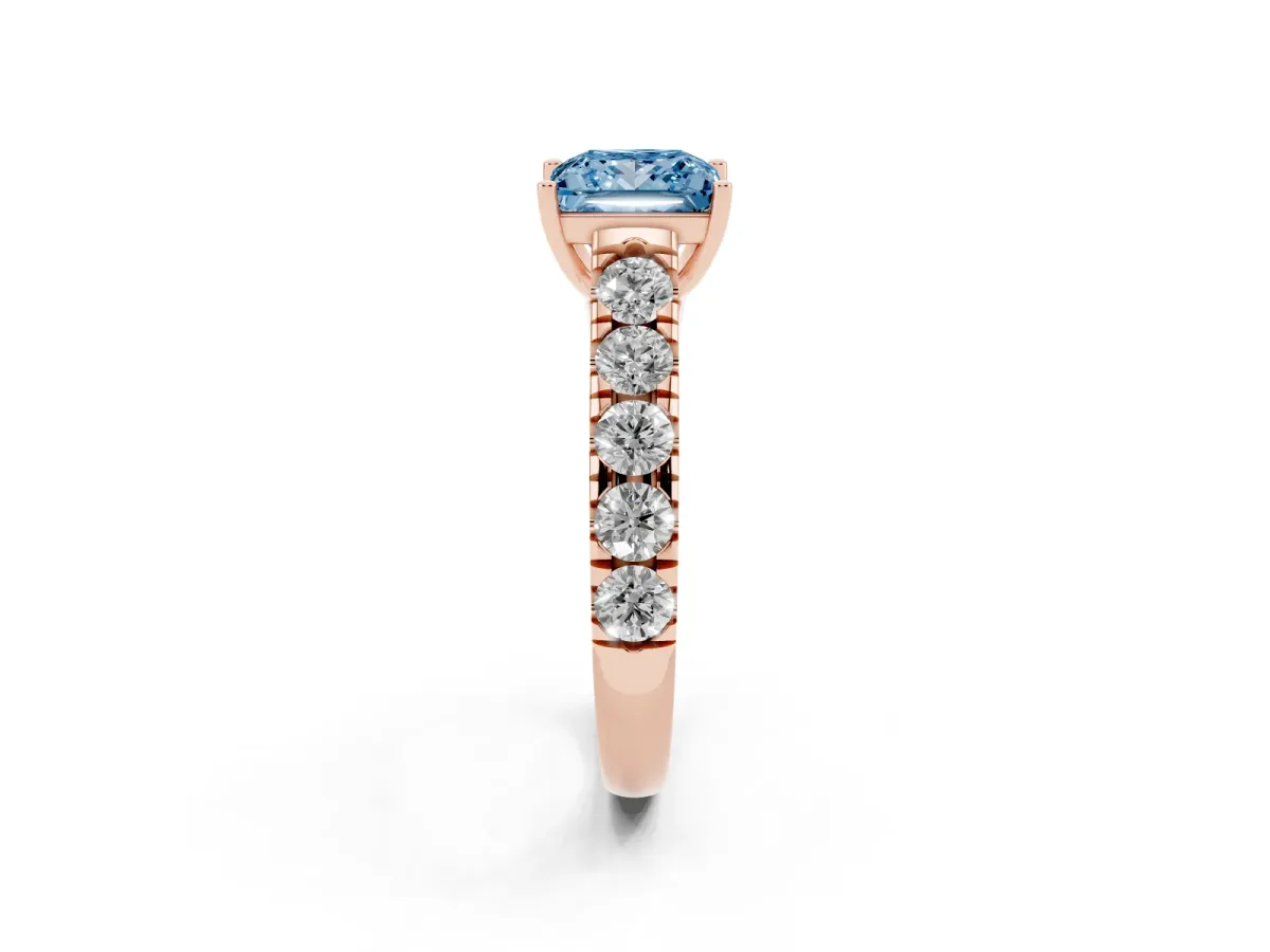 Fancy Blue Princess Cut Cut Diamond Solitaire Ring with Micro Pave Band and Prong Setting Rose gold