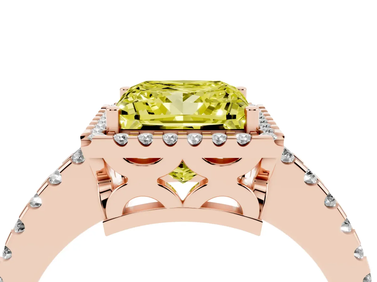Fancy Yellow Princess Cut Diamond Halo Engagement Ring with Pavé Band and Prong Setting Rose gold