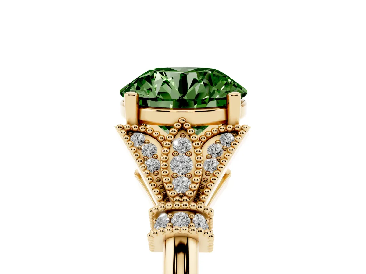 Fancy Green Round Cut Diamond Solitaire Ring with Floral Filigree and Pave Accents Yellow gold